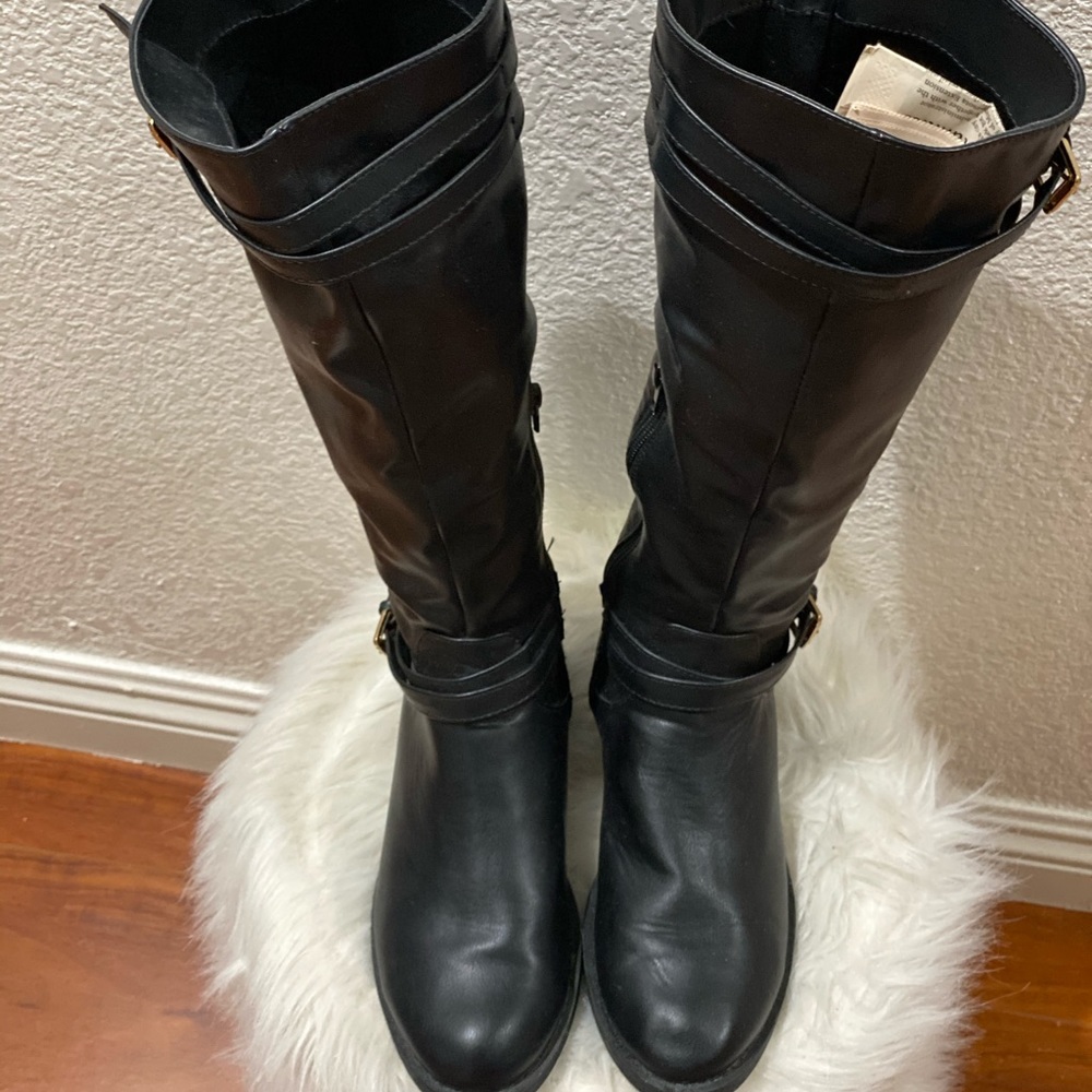 Faux Leather Curb Strap Boots forever 21